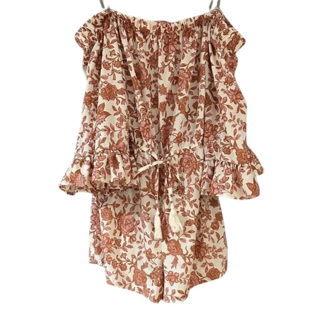 Off Shoulder Floral Tunic Dress Rose Print Tie Waist Ruffle Sleeve Summer